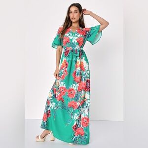 Used, Lulu’s Still In Paradise Green Floral Print Maxi Dress, Size S